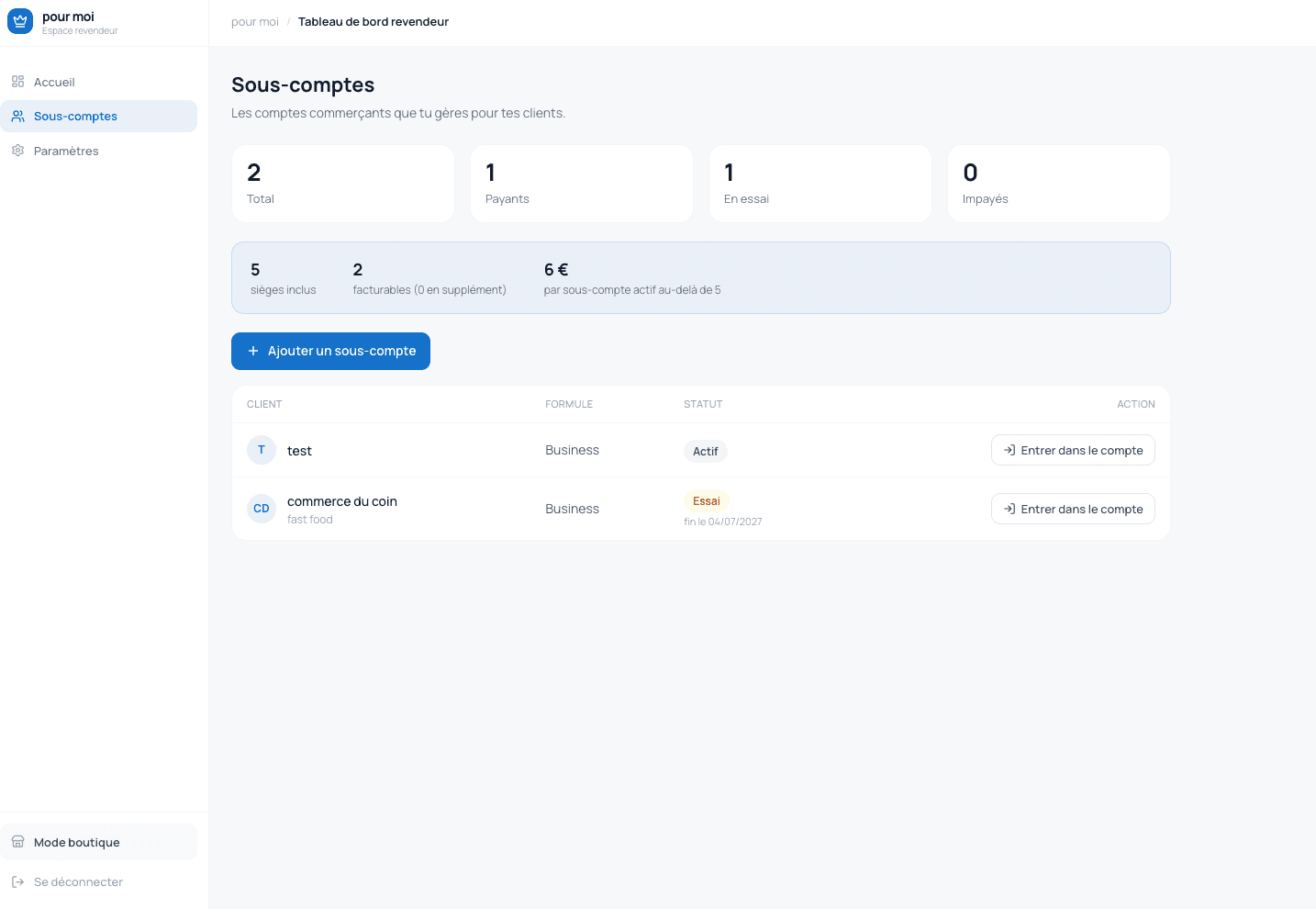 Espace revendeur Cagnotiz : liste des sous-comptes commerçants, formules et accès à chaque compte.